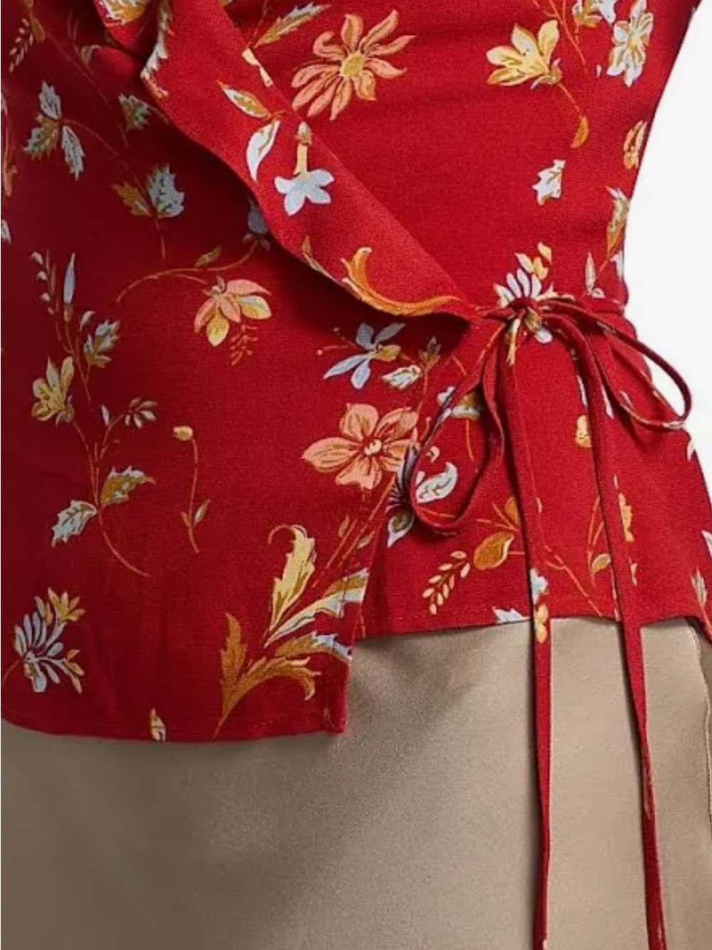Reformation Red Floral Ruffle Wrap Top - Picture 2 of 11